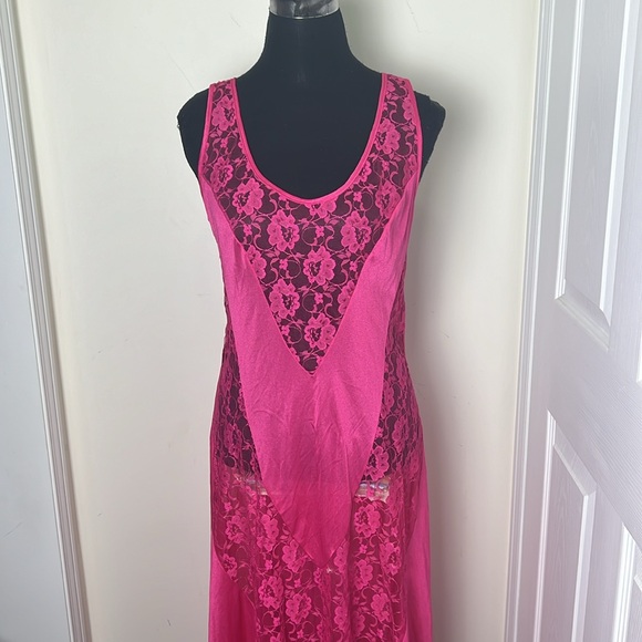 Vintage 80’s Y2K Pink Nylon Glam Rock Lace Nightgown Lingerie Size Medium - Picture 9 of 16